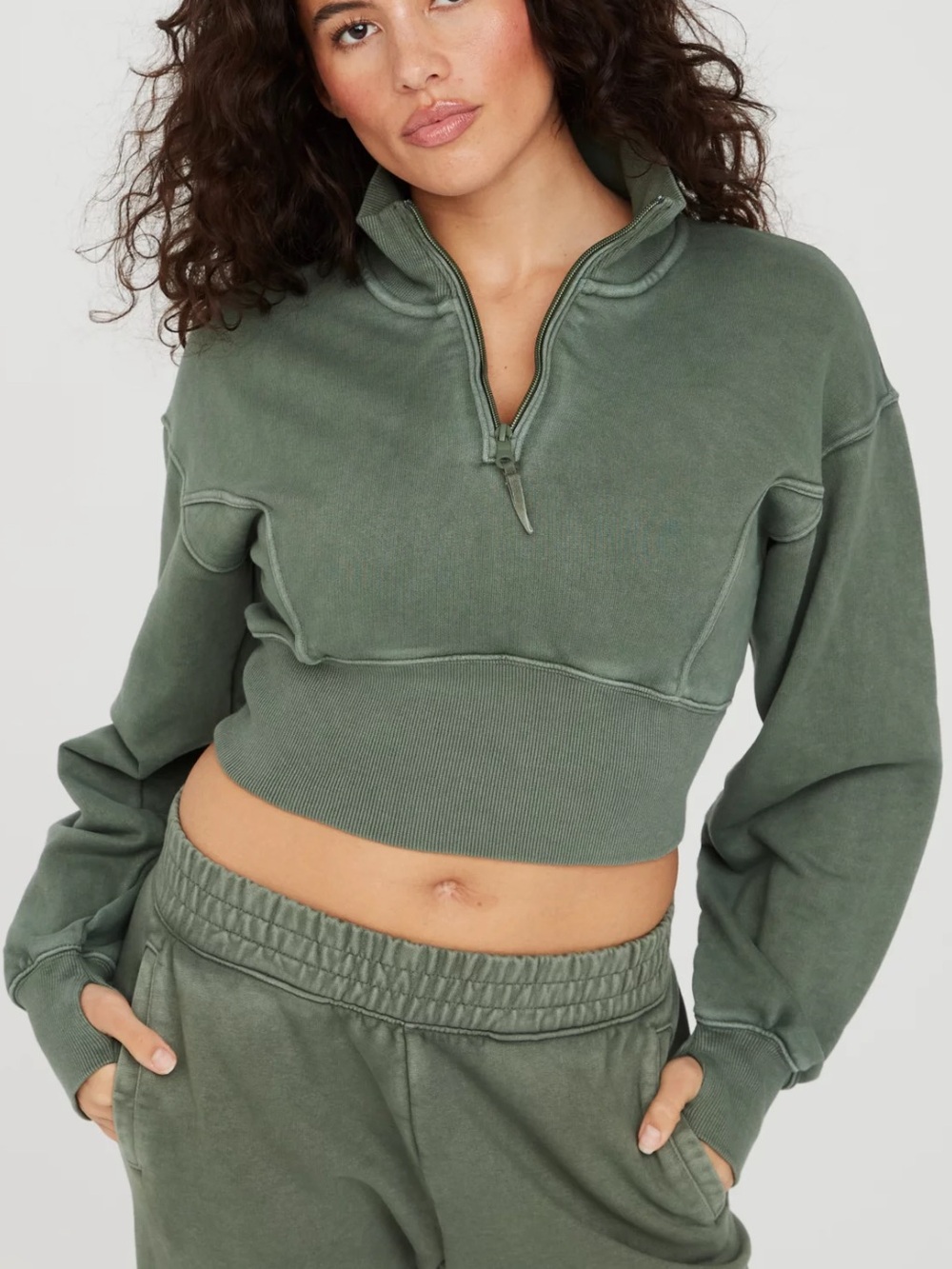 OFFLINE By Aerie Throw-Back Corset Cropped Quarter Zip Green Medium
